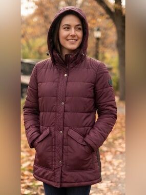 Weatherproof Women's Quilted Hooded Puffer Jacket - Maroon Size Small